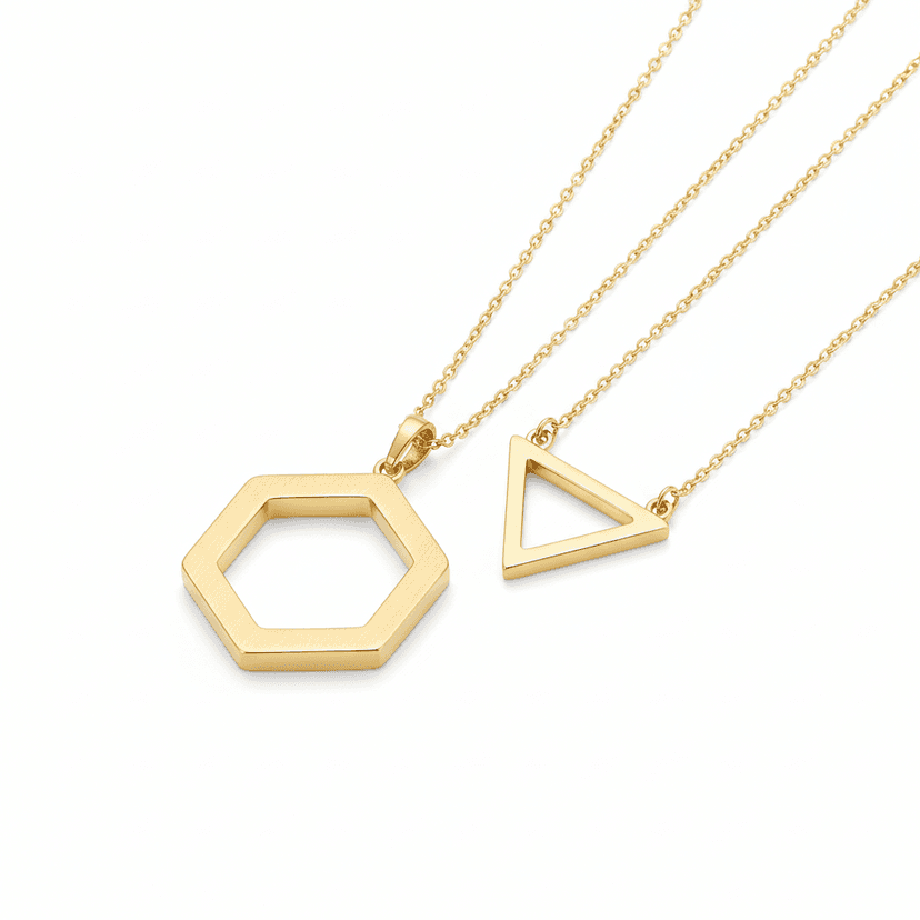 Modern minimal gold plated geometric pendant necklace on white background