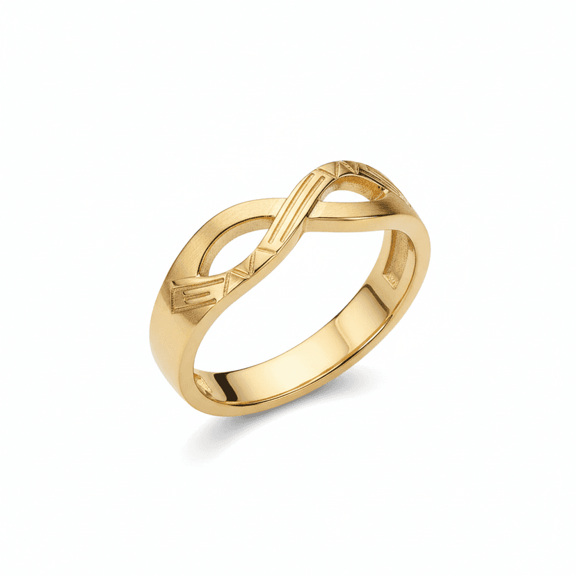 Gold plated infinity band ring with engraved pattern on white background