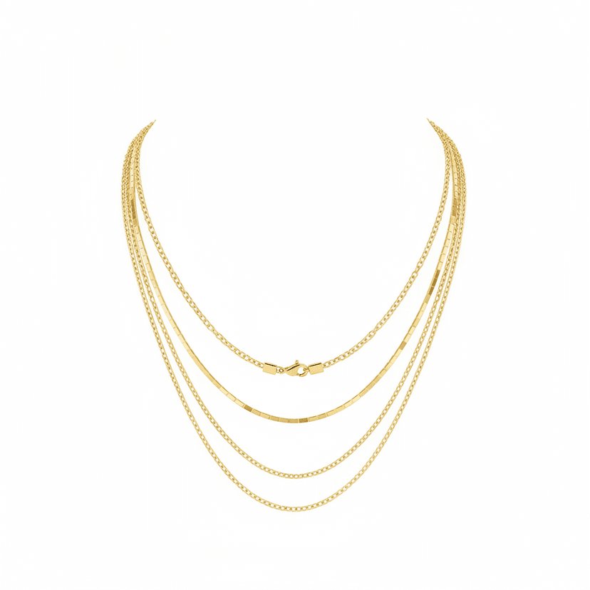 Delicate modern gold plated layered chain necklace on white background