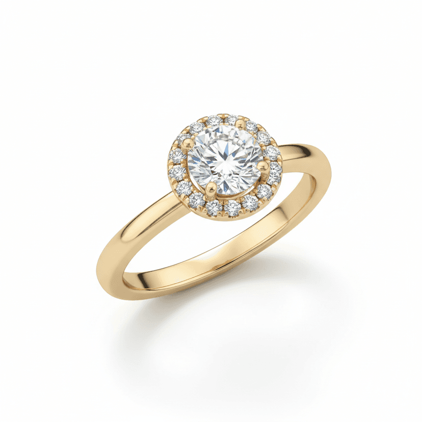 Modern minimal gold plated solitaire halo ring on clean white background